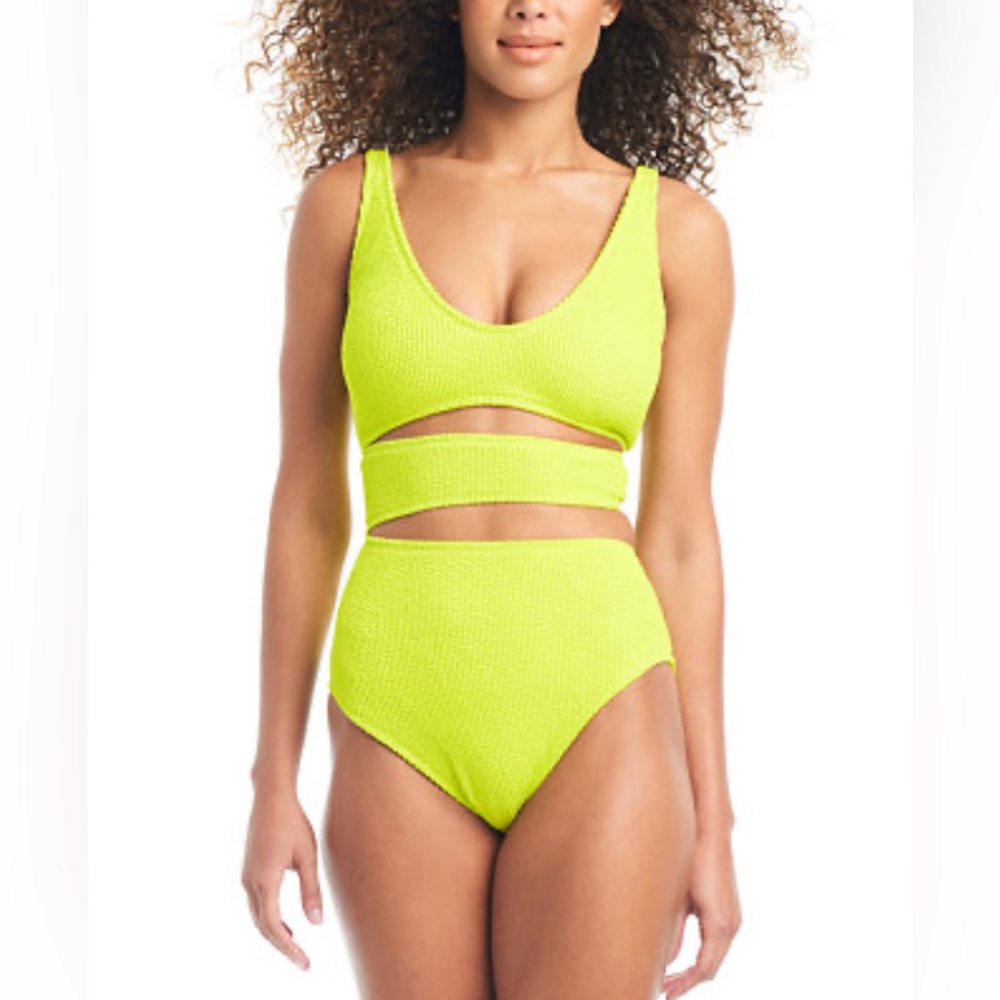 Bar III Neon Yellow Ribbed Side Cut-Outs One-Piece Lined Swimsuit   Large    NWT